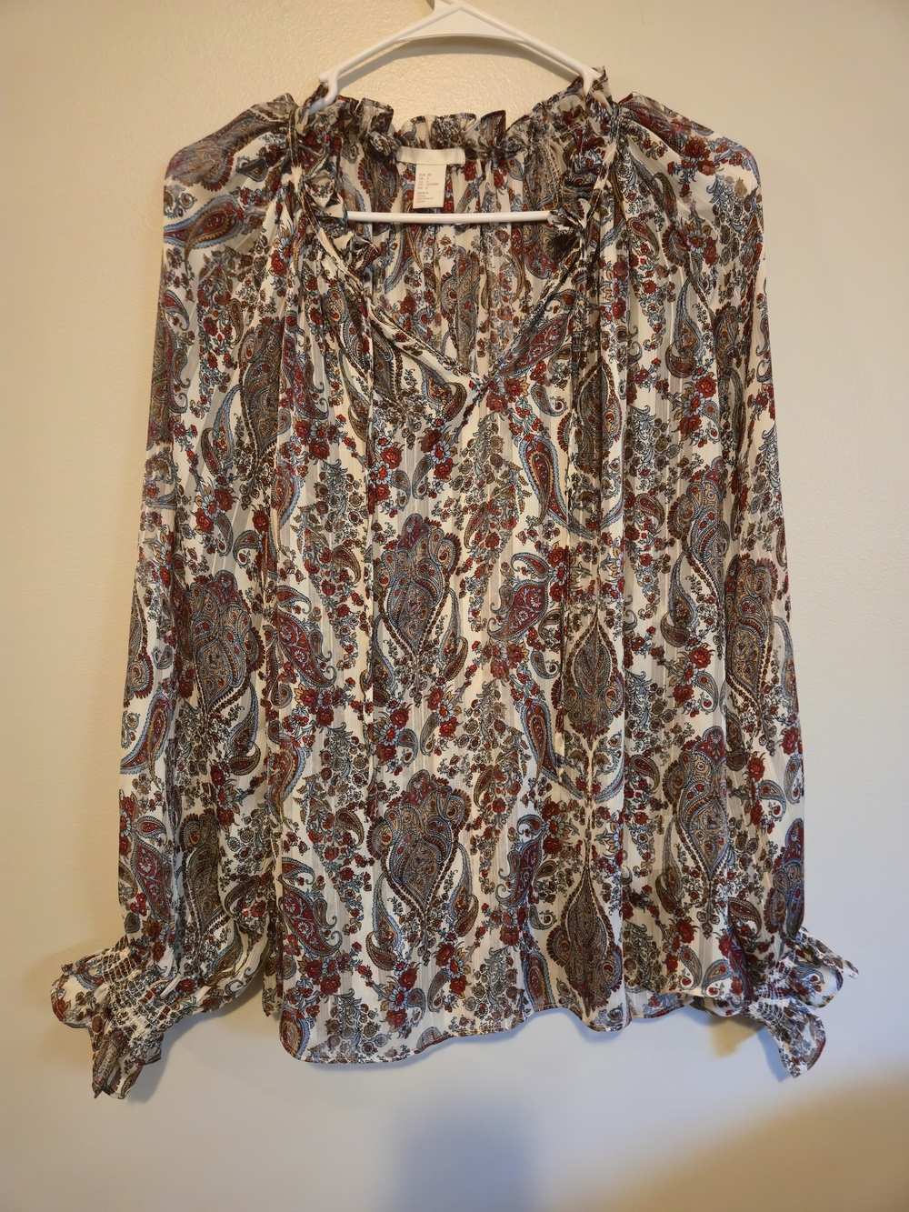 H&M Paisley Tie-Neck Blouse - Cream with Red & Blue